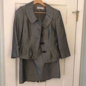 Tahari shiny gray tweed skirt suit